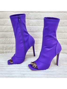 Bold Purple Stretch Square Open Toe High Heel Ankle Boots